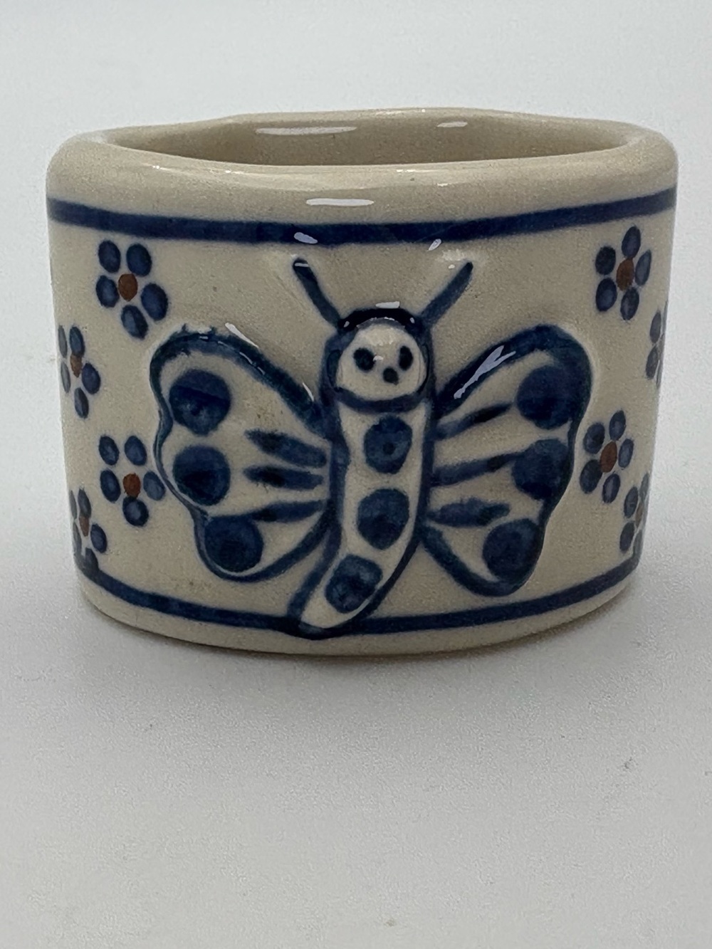 Vintage Hand-Painted Polish Pottery Butterfly Napkin Ring - 2 Inch